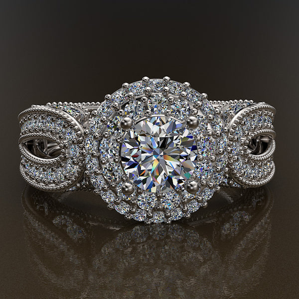 1.3ct Round Cut Diamond Halo Gold Engagement Ring - 02US03